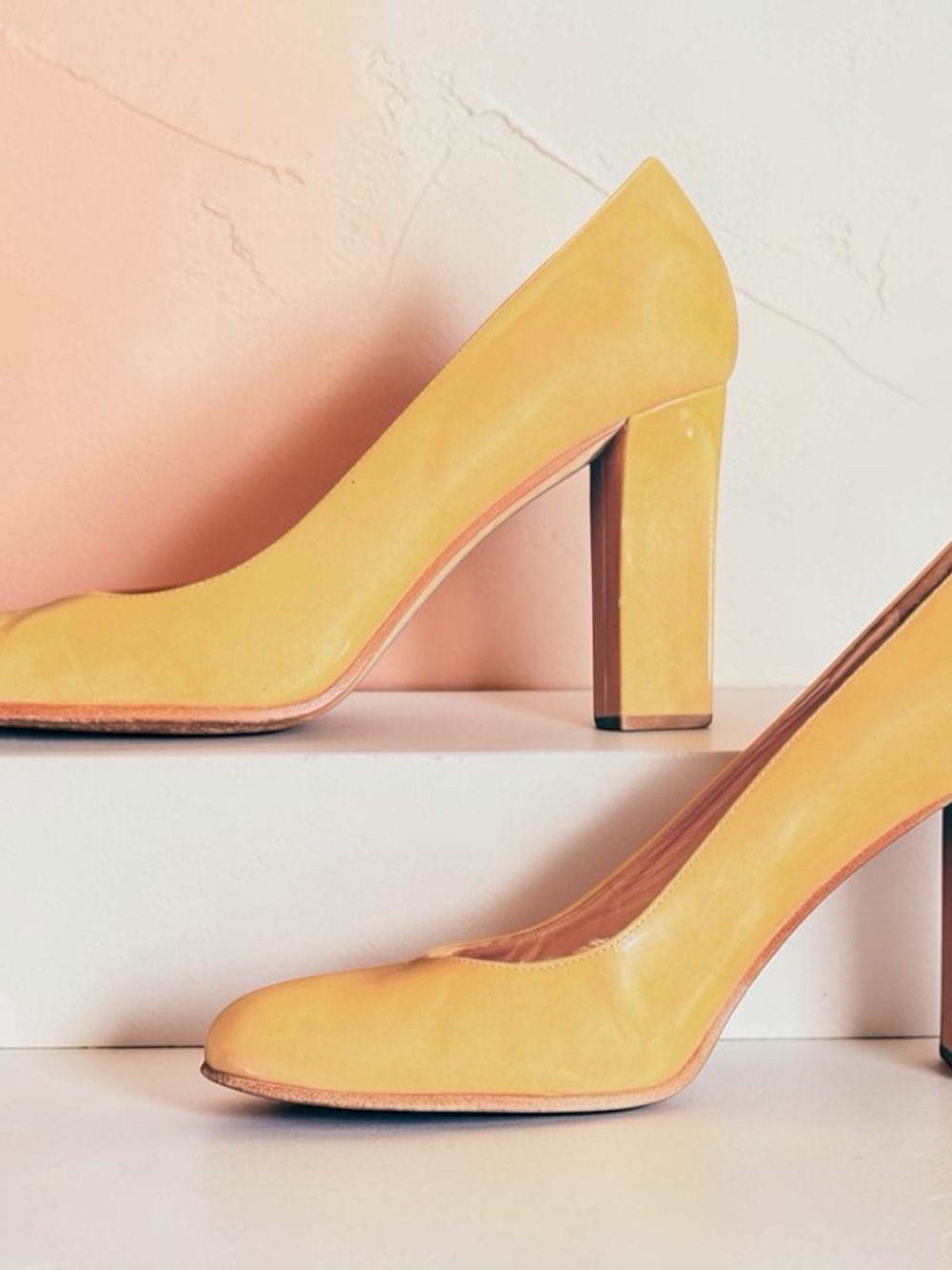 Kate Spade Mustard Yellow Patent Leather Block Heel Pumps Size 8